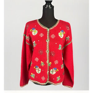 VTG NutCracker Christmas Cardigan Sweater Womens M Red Snowman Embroidered 90s